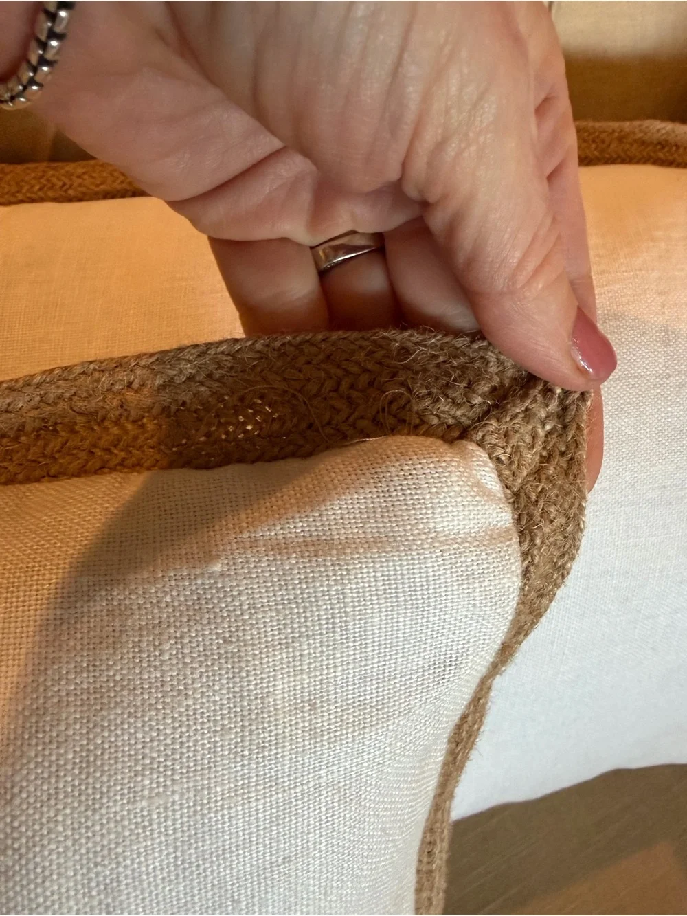 EUC Canaan Company pair of Throw Pillows jute Braid Trim white see pictures